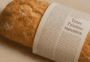 Ein Brot mit einer Zeitungsseite symbolisiert die Brotschrift
