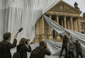 Vierte Gewalt. Journalisten stehen am Reichstag, entfernen die Verhüllung und sehen der Politik auf die Finger